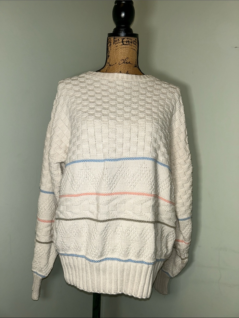 Vintage Cream Textured Checkered Cable-Knit Sweater Pastel Stripes 3XL Cotton